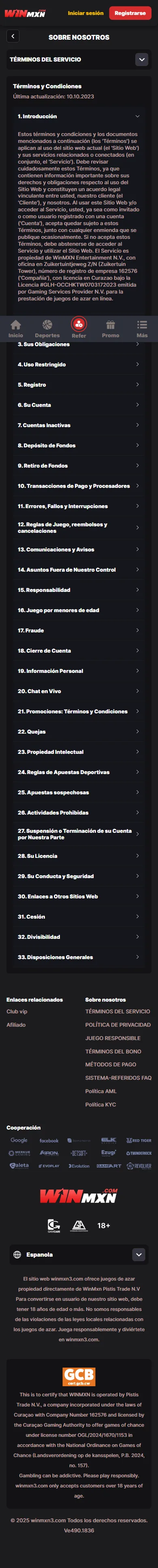 Documentos de condiciones de WINMX en su interfaz móvil